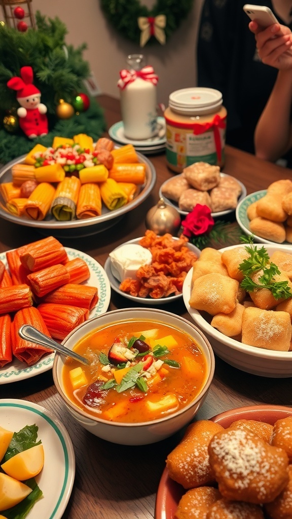 A festive table with Latina Christmas dishes: tamales, pozole, and buñuelos.